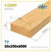 Обрезная доска 50х200х6000 мм, сорт 1, сосна, подмосковный лес, ТУ